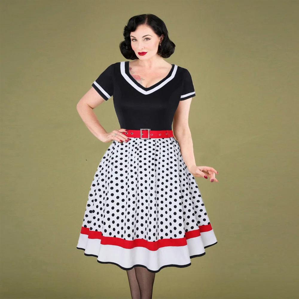 Uveng Cotton Pleated Skirt V-neck Dot Swing Dress