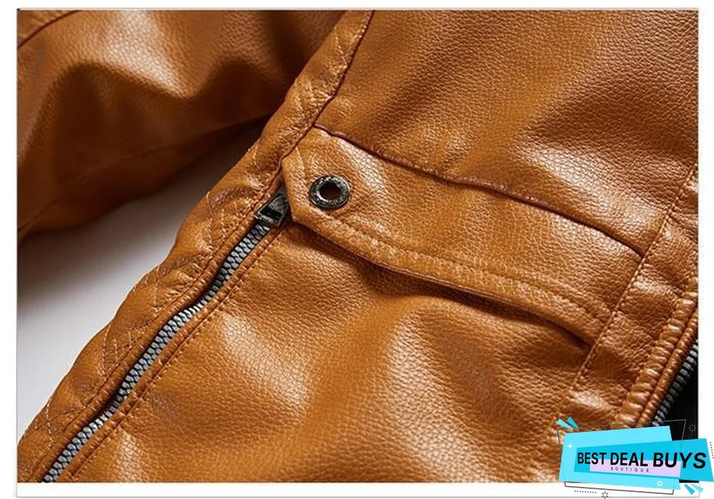 Mens Leather Jacket Fashion Vintage Leather Plus Size Stand Collar Coat