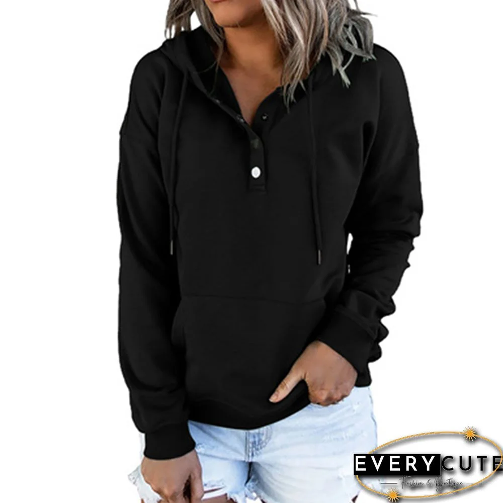 Black Button Neck Kangaroo Pocket Casual Hoodie