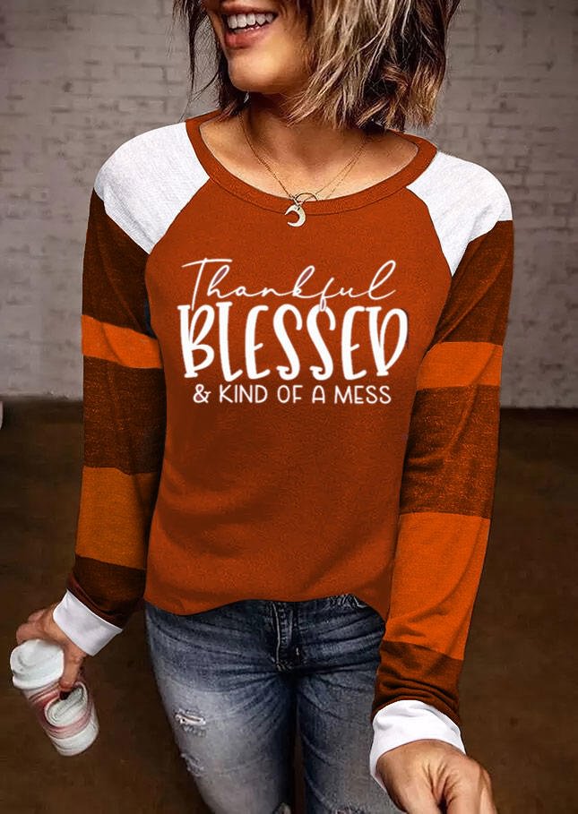 Thankful Blessed Color Block T-Shirt Tee - Brick Red