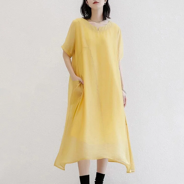 Simple Loose Solid Color Y-neck Double Layer Patchwork Pockets Irregular Hem Short Sleeve Dress