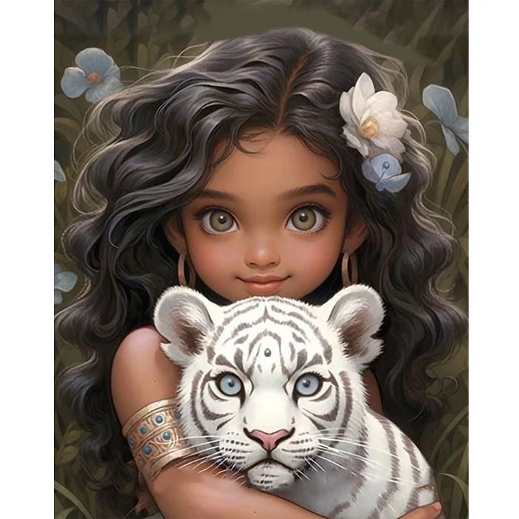 Girl And White Tiger 40*50CM (Canvas) Full Round Drill Diamond Painting gbfke