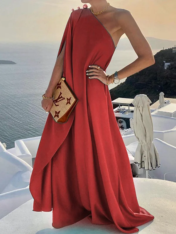 Fashion Solid Color Loose One-shoulder Long Dress-Cosfine