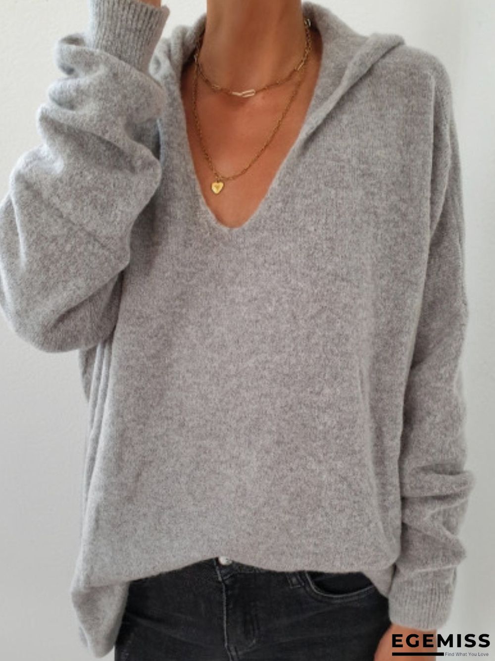 Women Solid Color Wool Blend V Neck Shift Pullover Sweater | EGEMISS