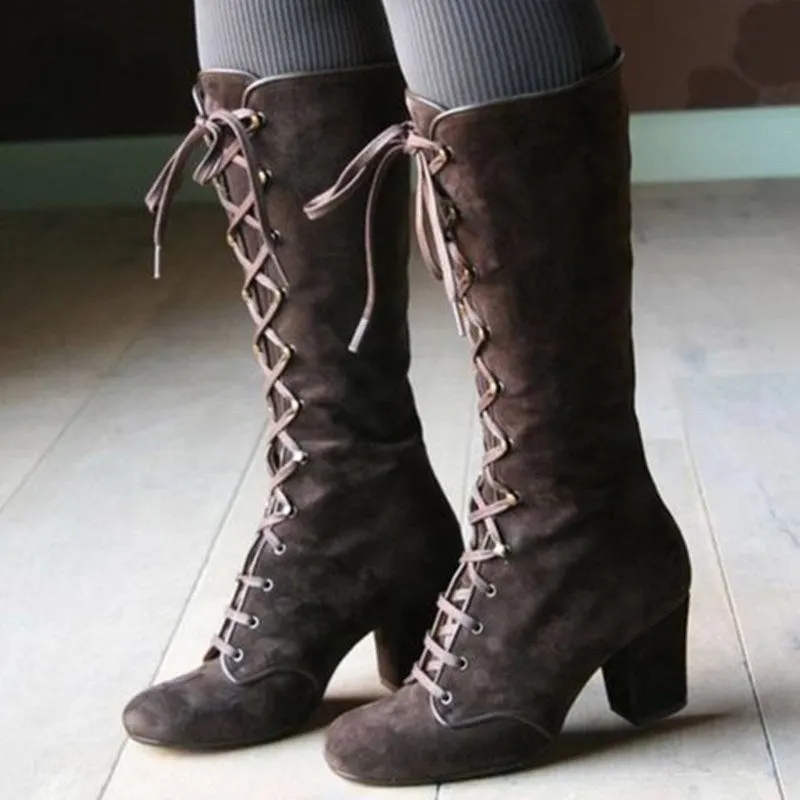 Women's High Boots Autumn Knight Boots Gothic Female Mid Calf Lacing Martin Boots Women Size 42 High Heel Boots Botas De Mujer