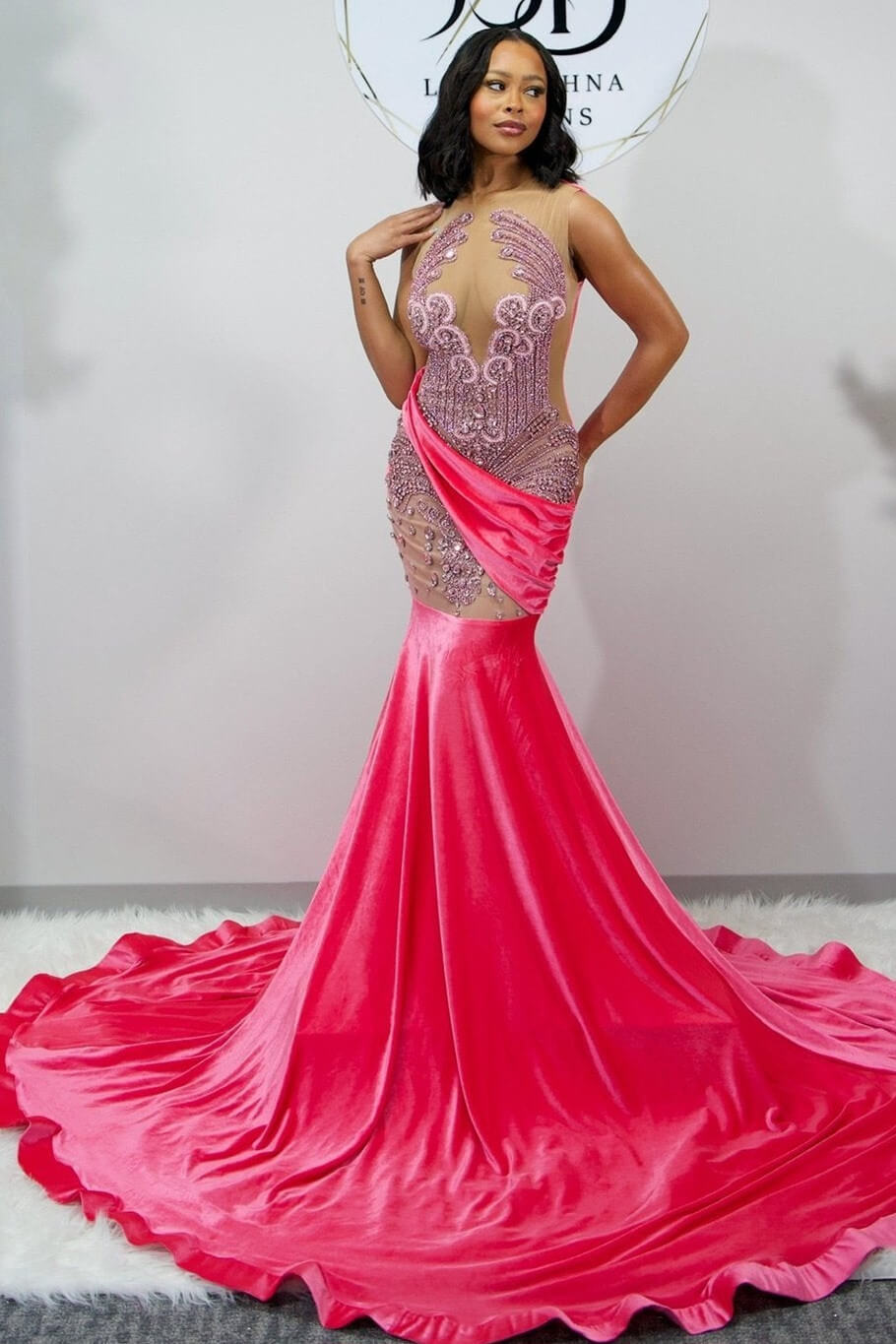 Luluslly Watermelon Sleeveless Mermaid Evening Gown With Beadings Online