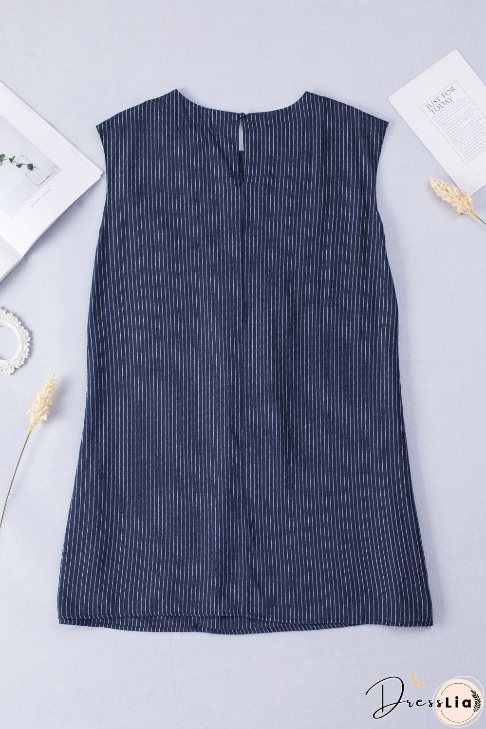 Blue Striped Embroidered Sleeveless Mini Dress with Southern Belle Style