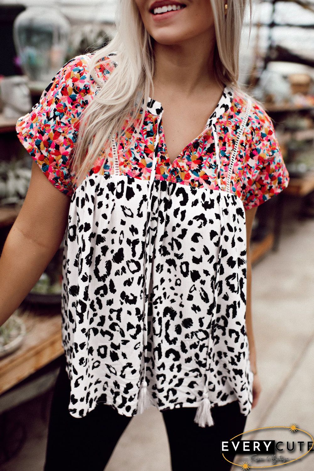 Leopard Mix Print Tassel Tie Blouse