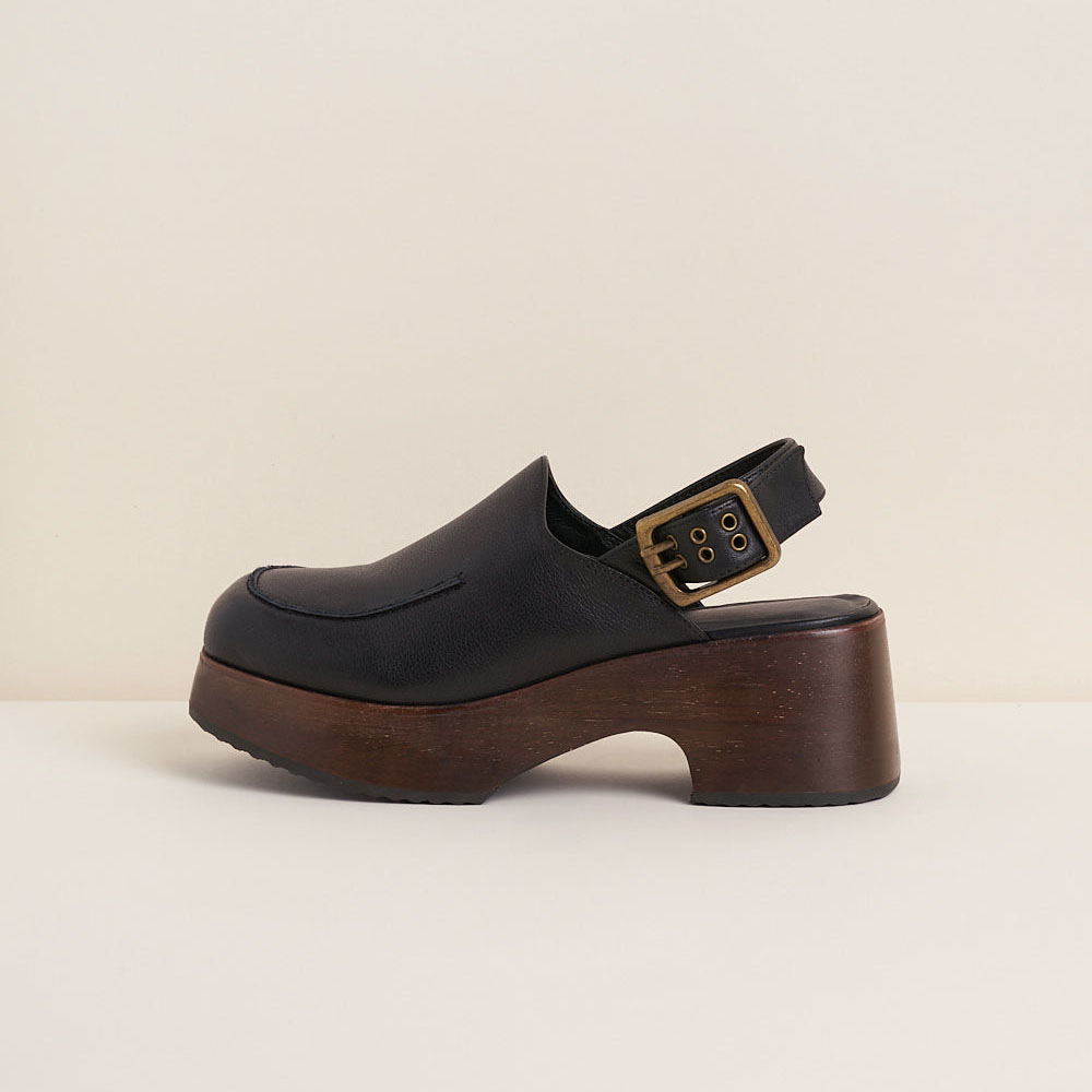 Women's Black Square Toe Clog Heels Buckle Platform Slingback Shoes