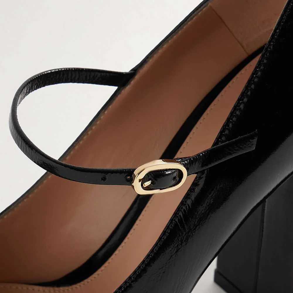 Plain Mary Toe Jane Chunky T-Strap Heel Square Pumps