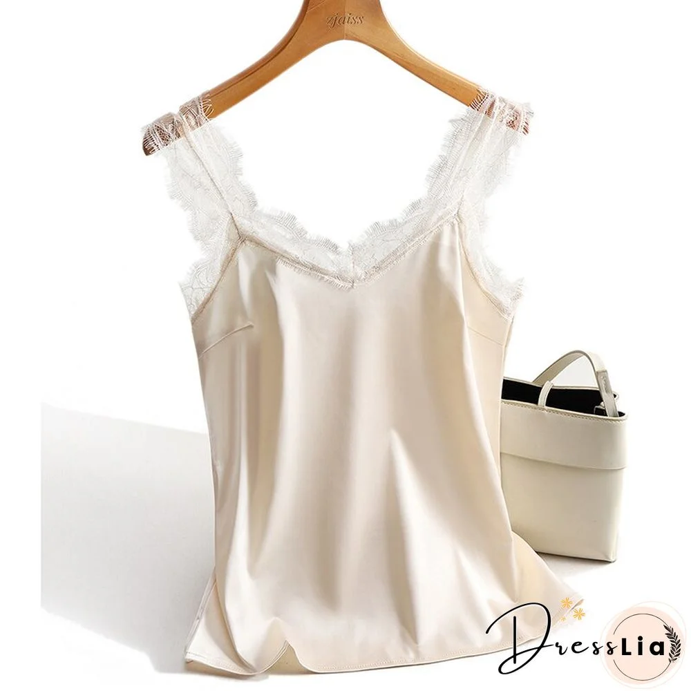 Sexy Lace Tank Tops Women Silk Sleeveless V Neck Womens Camisole Halte Tank Top Feminino Slim White Summer Woman Clothe