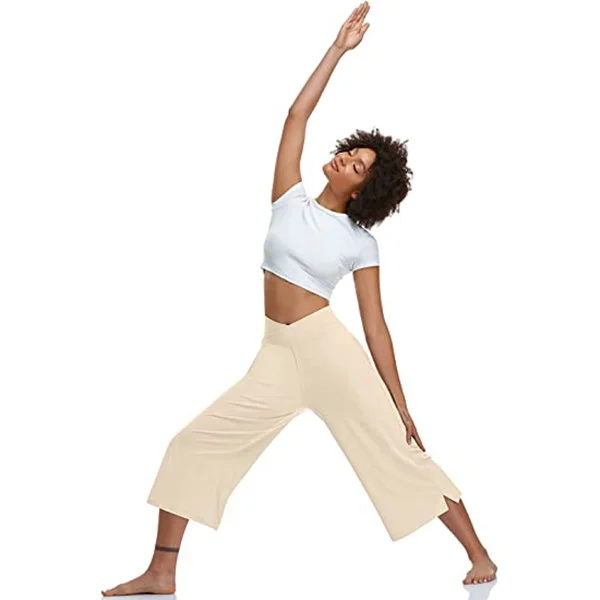 TARSE Womens Casual Wide Leg Yoga Capris Crossover High Waist 016