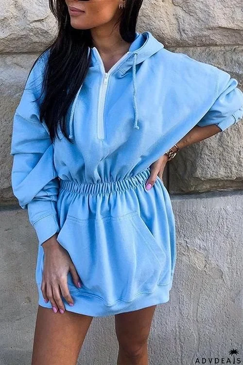 Zipper Drawstring Hooded Mini Dress