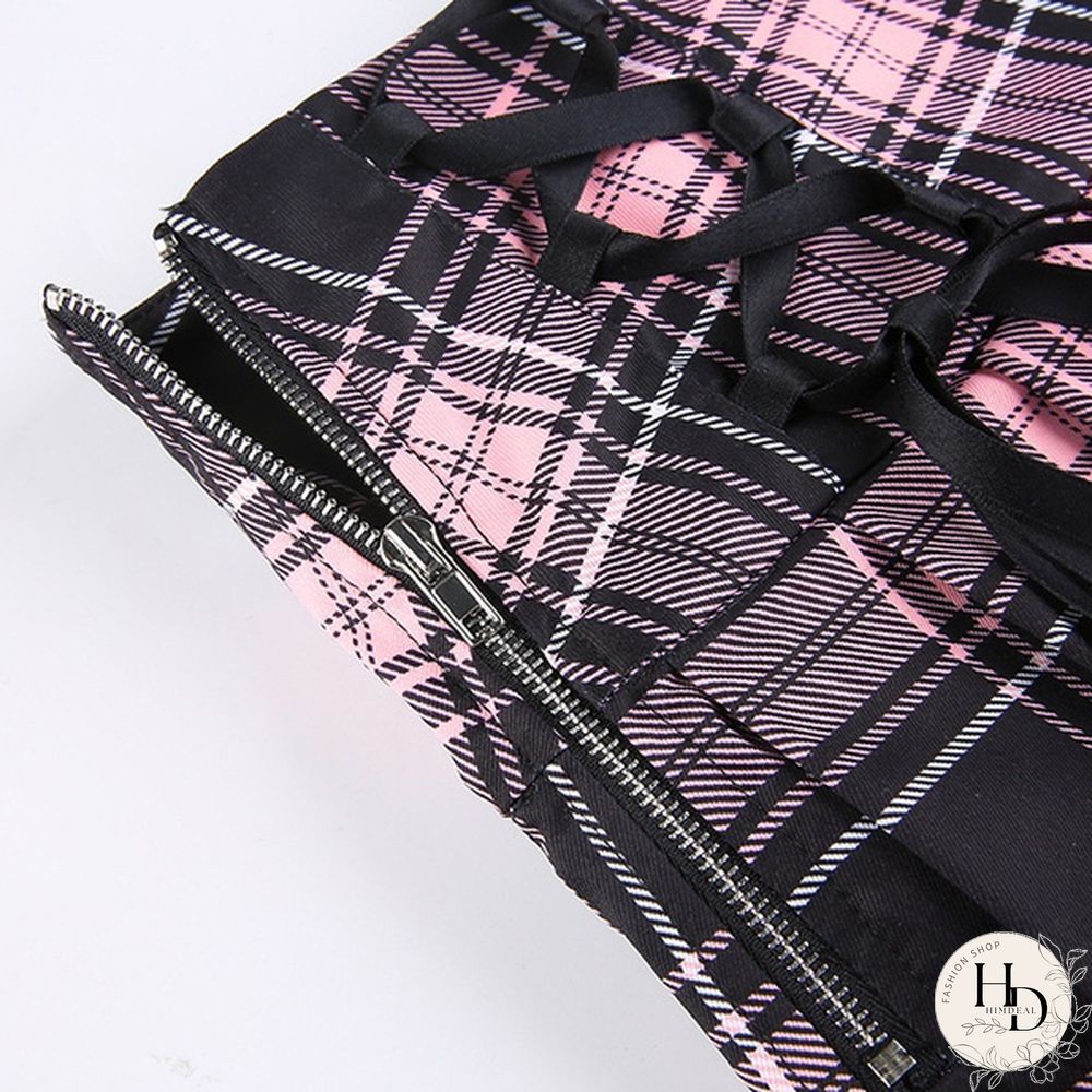 Summer New Lace Gothic Woman Skirts Pink Stripe Plaid Trim Pleated Skirt Punk Dark
