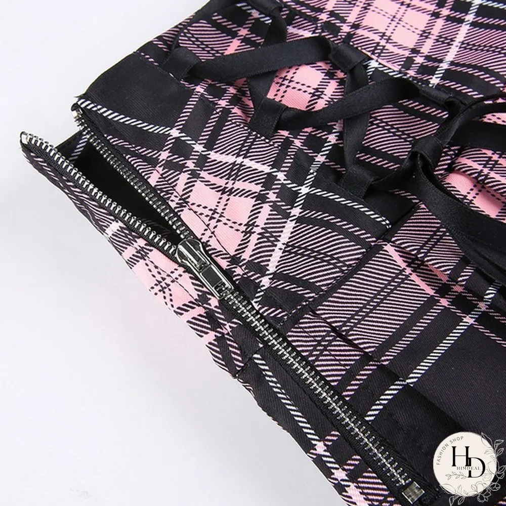 Summer New Lace Gothic Woman Skirts Pink Stripe Plaid Trim Pleated Skirt Punk Dark