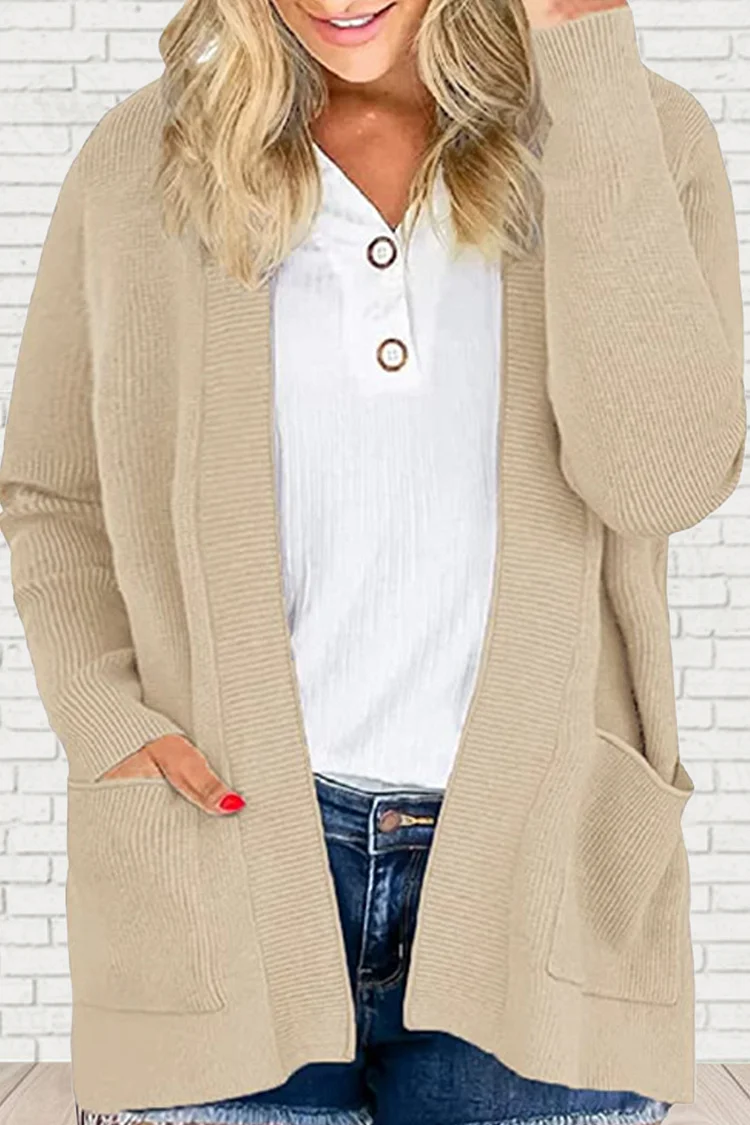Plus Size Casual Khaki Pockets Solid Color Rib Knit Cardigan Sweater  Flycurvy [product_label]
