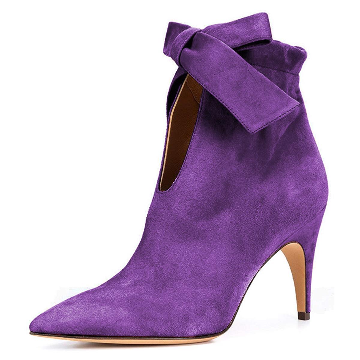Full Color Suede Pointed Toe Boots Bow Knot Decor Ankle Boots Nicepairs