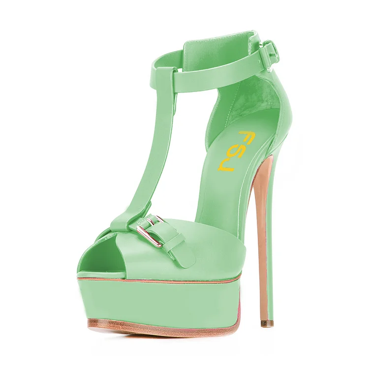 Lime Green T Strap Sandals Peep Toe Platform Stiletto Heels |FSJ Shoes