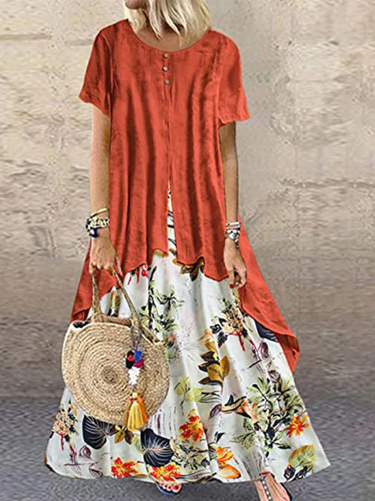 Vintage Graphic Round Neck Fake Two Pieces Maxi Dress
