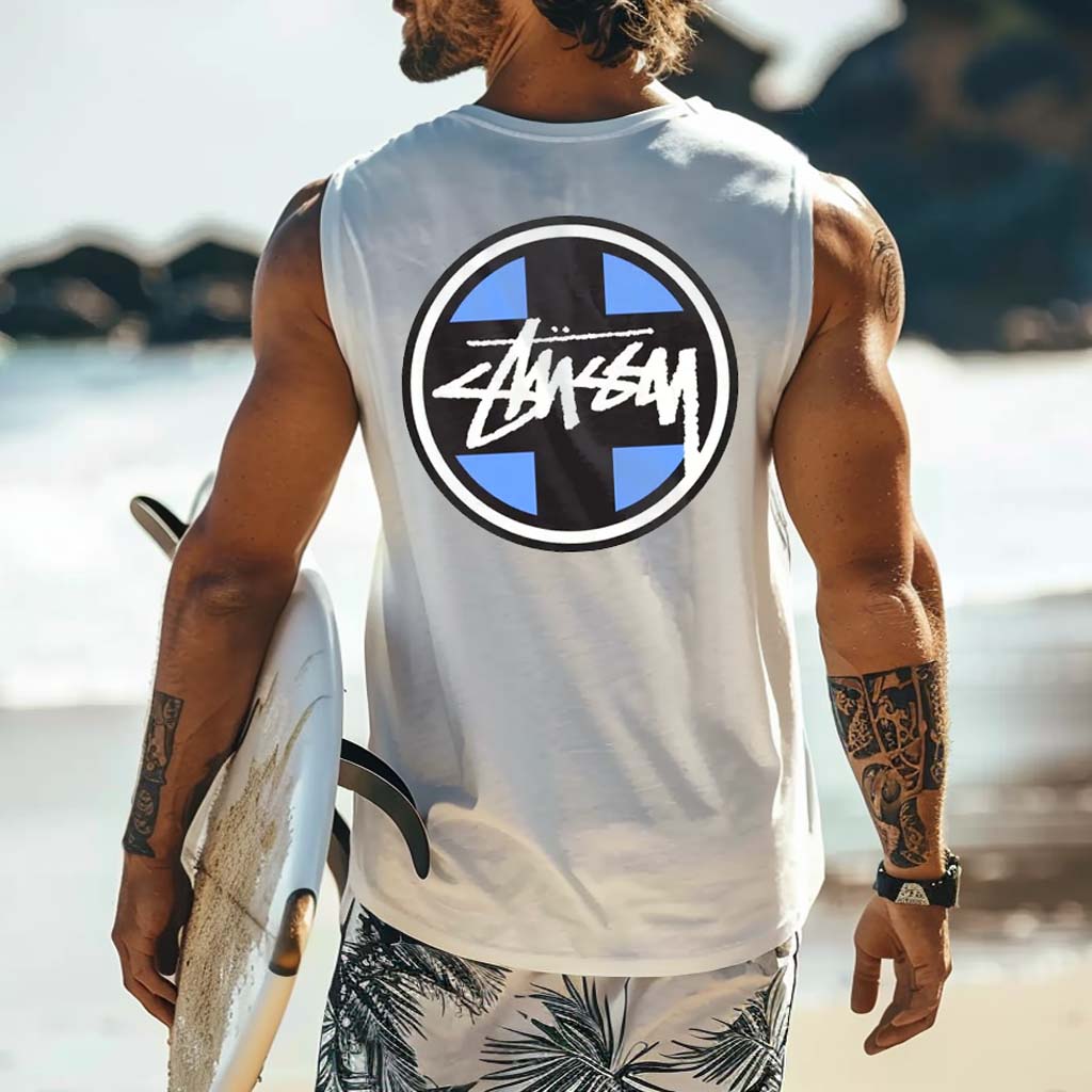 Men's Vintage Blue Surfing Print Round Neck Sleeveless Tank Top / TECHWEAR CLUB / Techwear