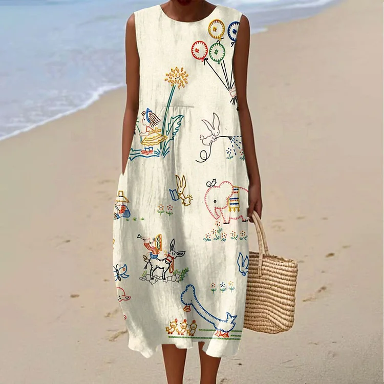 Women's Retro Cute Dogs And Elephant Art Print Sleeveless Dress