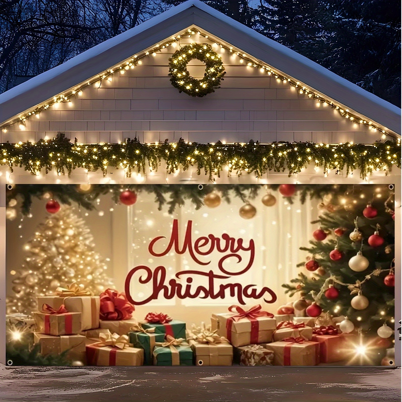 Tegooe Oversized Christmas Garage Door Banner Decoration with Festive Tree