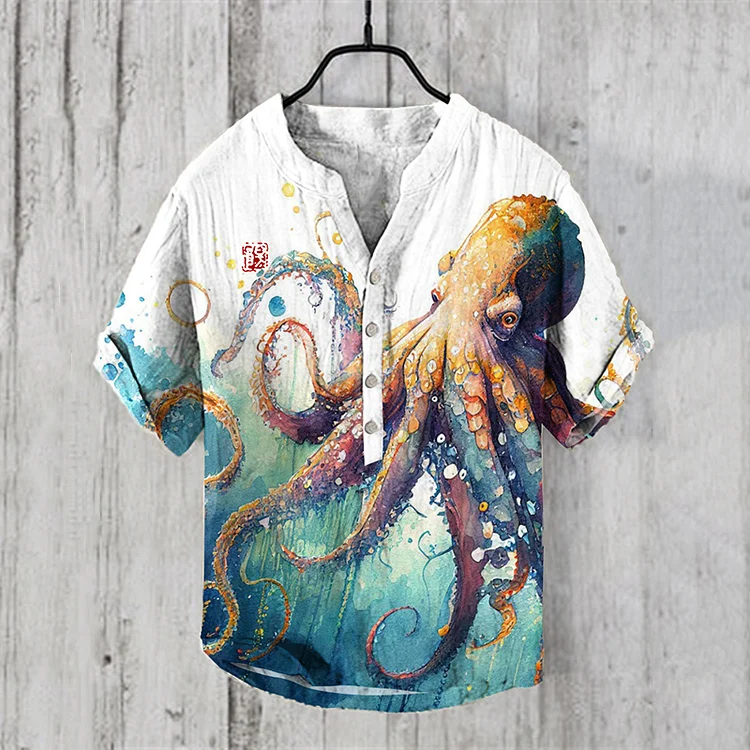 Comstylish Japanese Art Watercolor Octopus Graphic Printed Short Sleeve Shirt