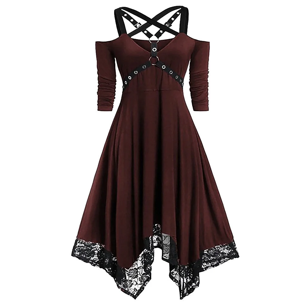 Plus Size Clothes Punk Clothing Solid Colors Lace Dress Irregulars Dress