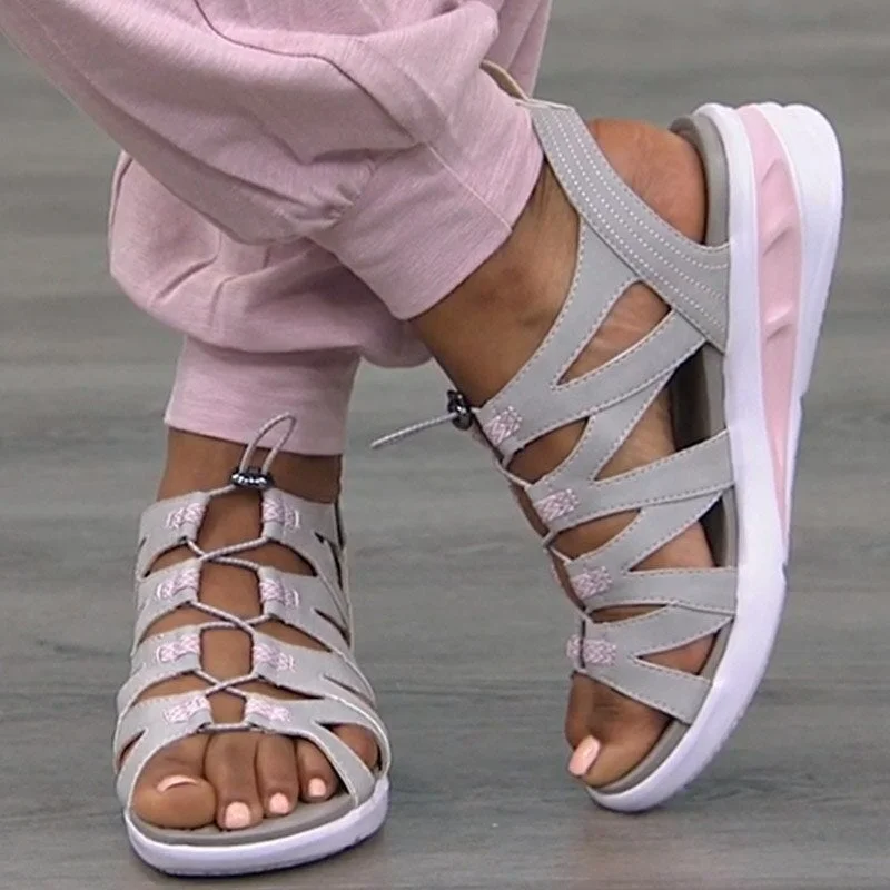 New Sandals Solid Color Round Open Toe Soft Wedge Drawstring Ladies Sandalias - vzzhome