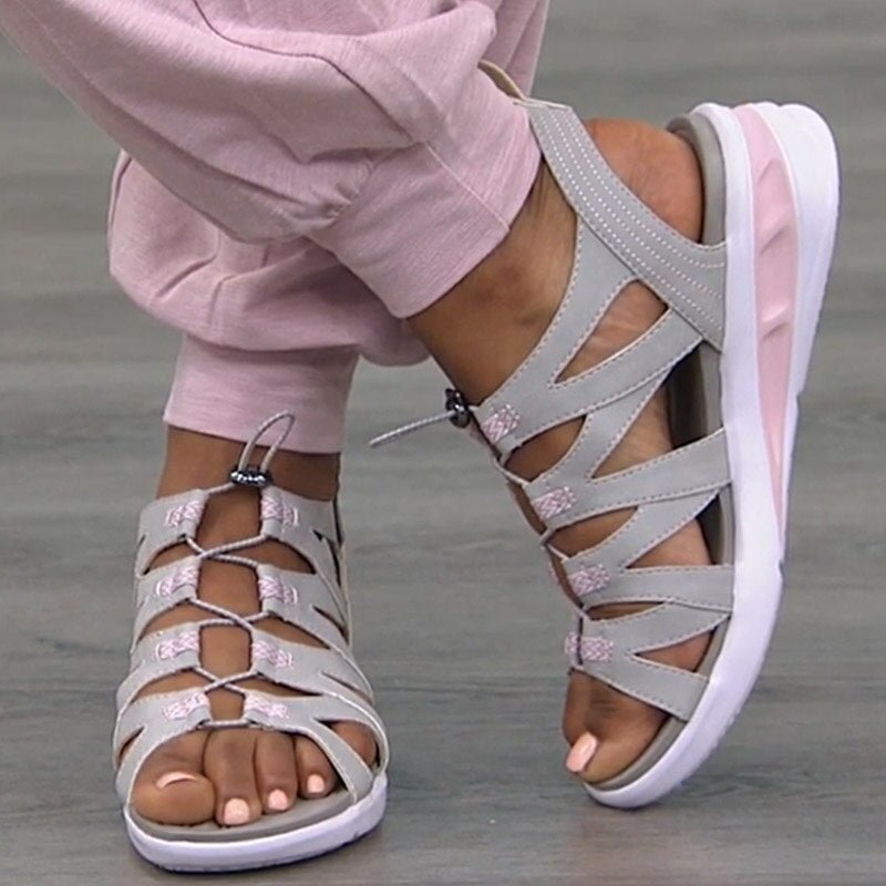New Sandals Solid Color Round Open Toe Soft Wedge Drawstring Ladies Sandalias - vzzhome