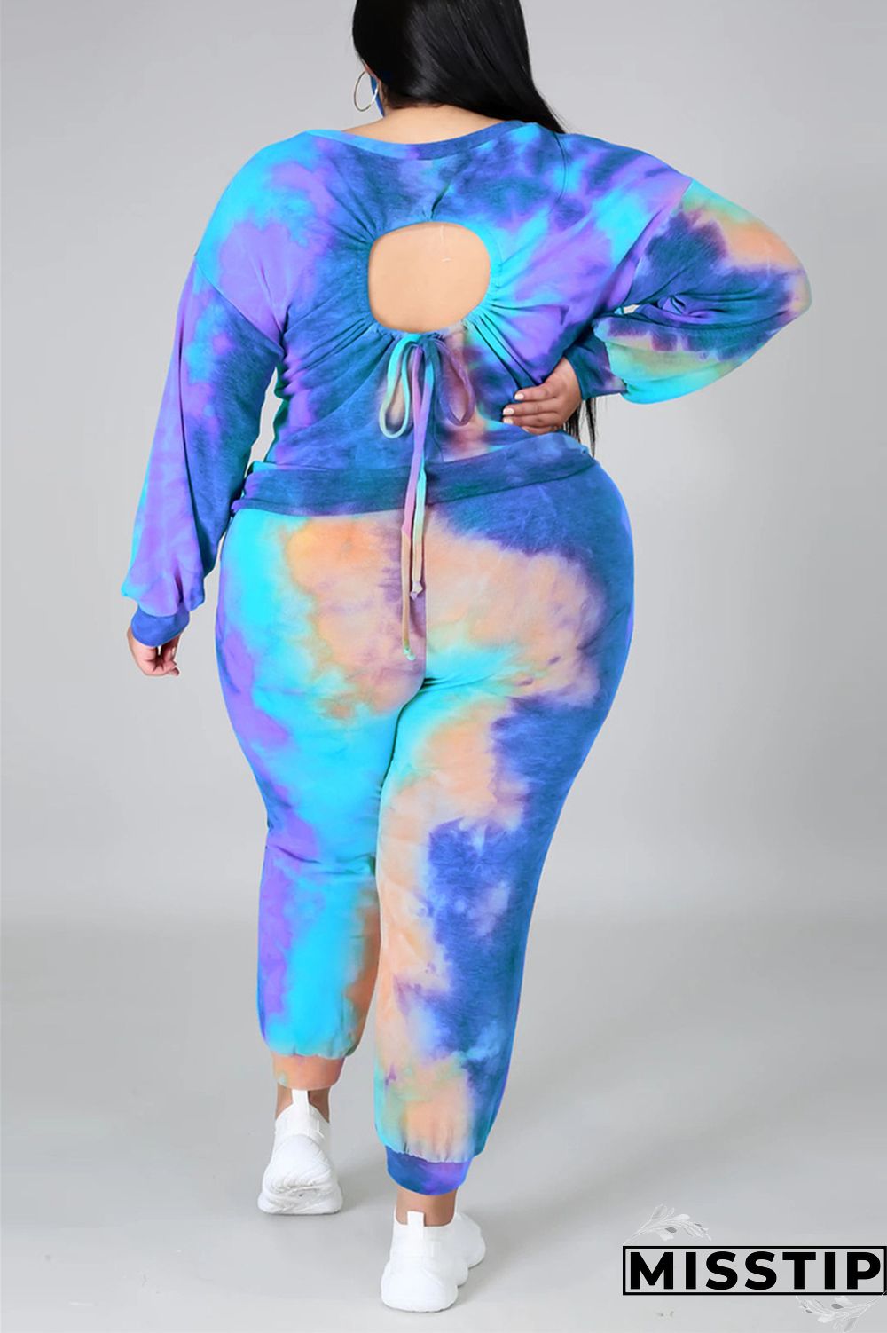 multicolor Fashion Casual Print Tie Dye Tie-dye Backless O Neck Plus Size Set