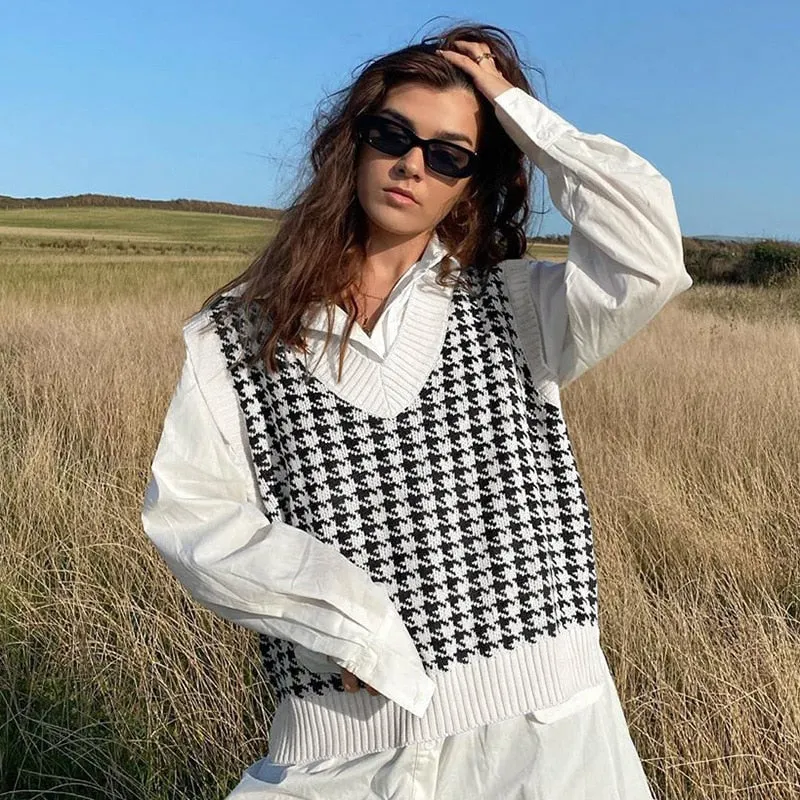 Tossy Casual Argyle Women's Vest Knitted Sleeveless Sweater Top For Women 2021 Autumn New V-Neck Pullover Vest Y2k Knitwear