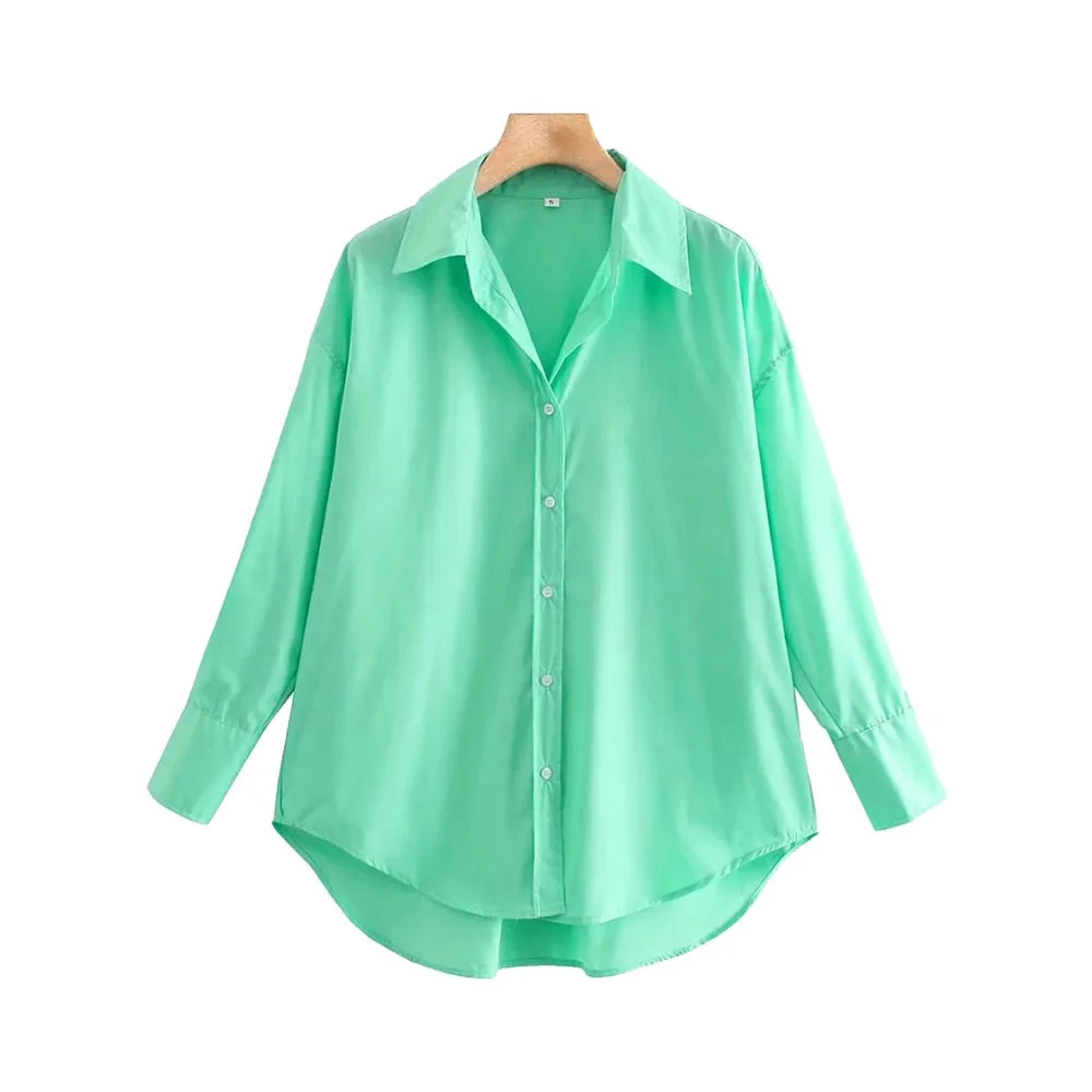 KPYTOMOA Women 2021 Fashion Loose Asymmetry Poplin Blouses Vintage Long Sleeve Button-up Female Shirts Blusas Chic Tops