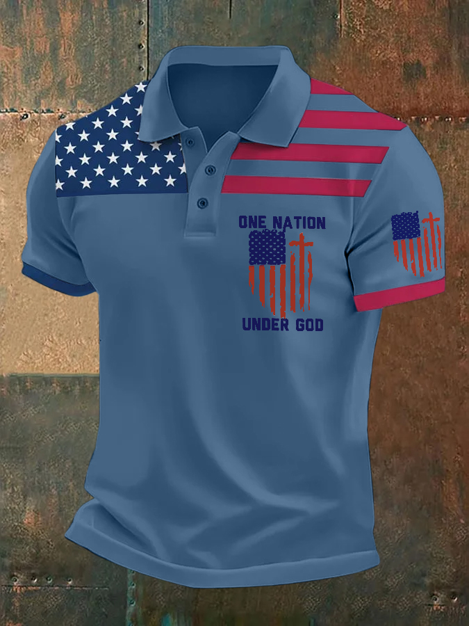 Men's Casual Independence Day Flag One Nation Under God Art Polo Shirt wearshes