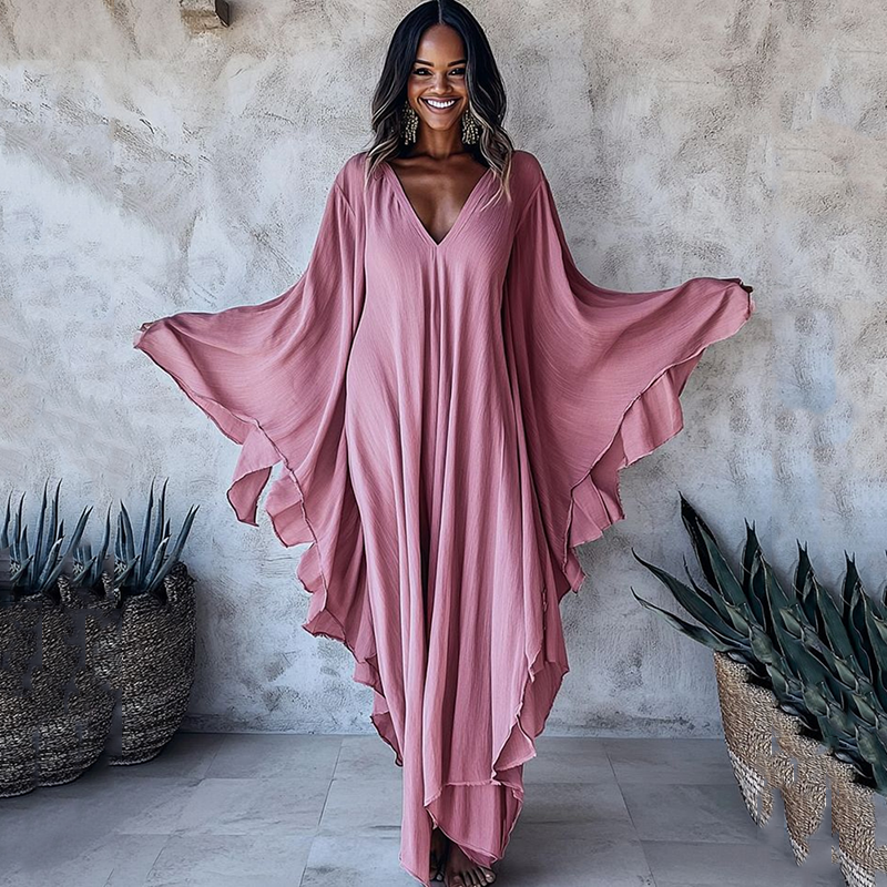 Nomad Spirit Ladies' Summer  Art Sapphire Breeze Linen V-neck Long Kaftan