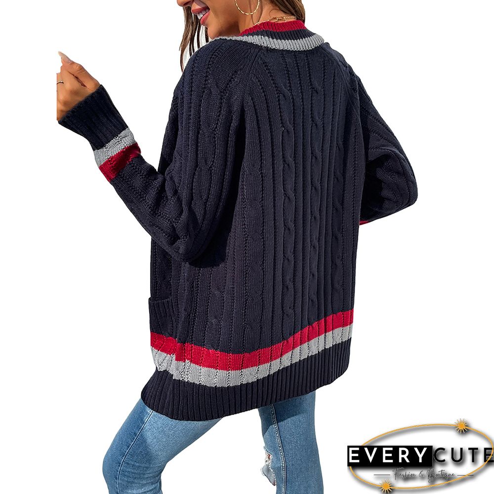 Navy Blue Striped Print Open Front Pocket Cardigan