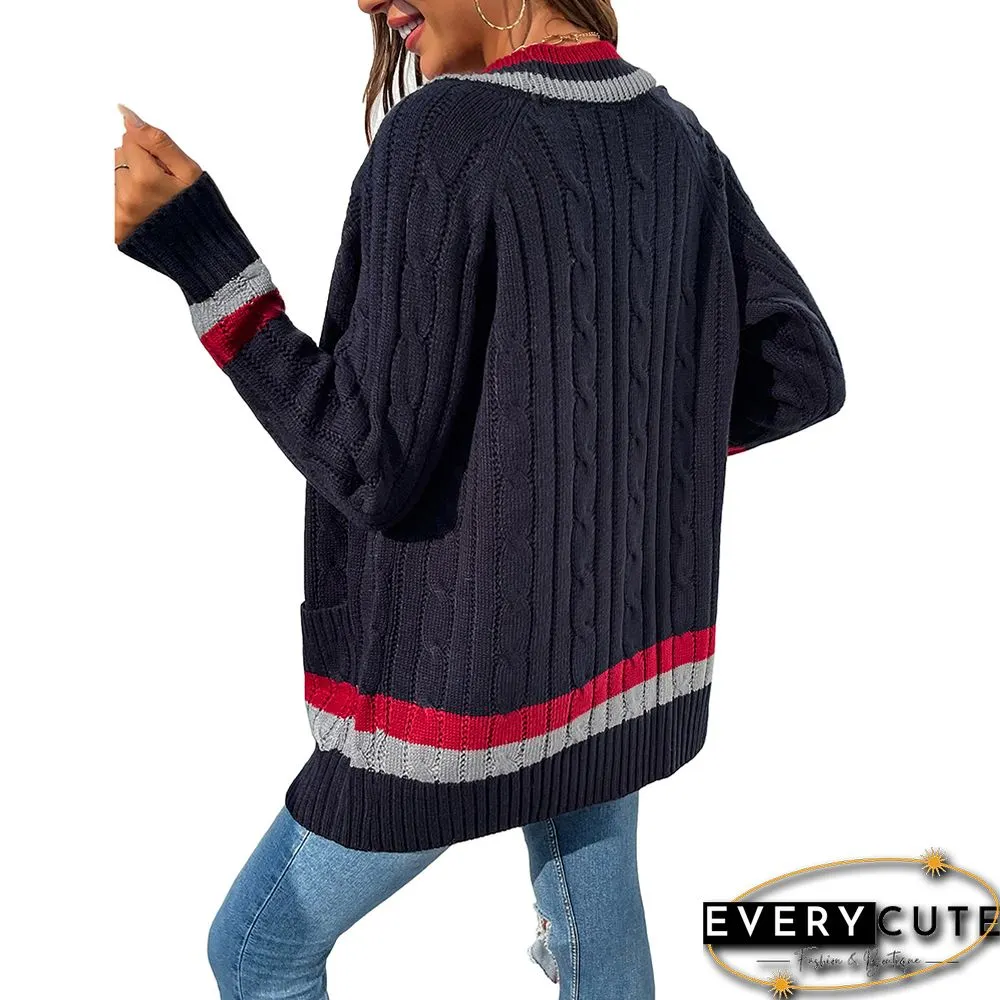 Navy Blue Striped Print Open Front Pocket Cardigan