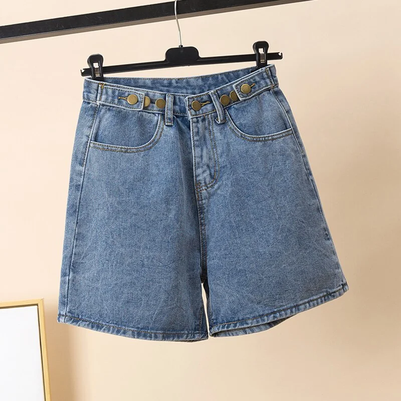 Ailegogo New Spring Summer Women Retro Blue Denim Shorts Streetwear High Waist Female Loose Width Leg Jeans Shorts