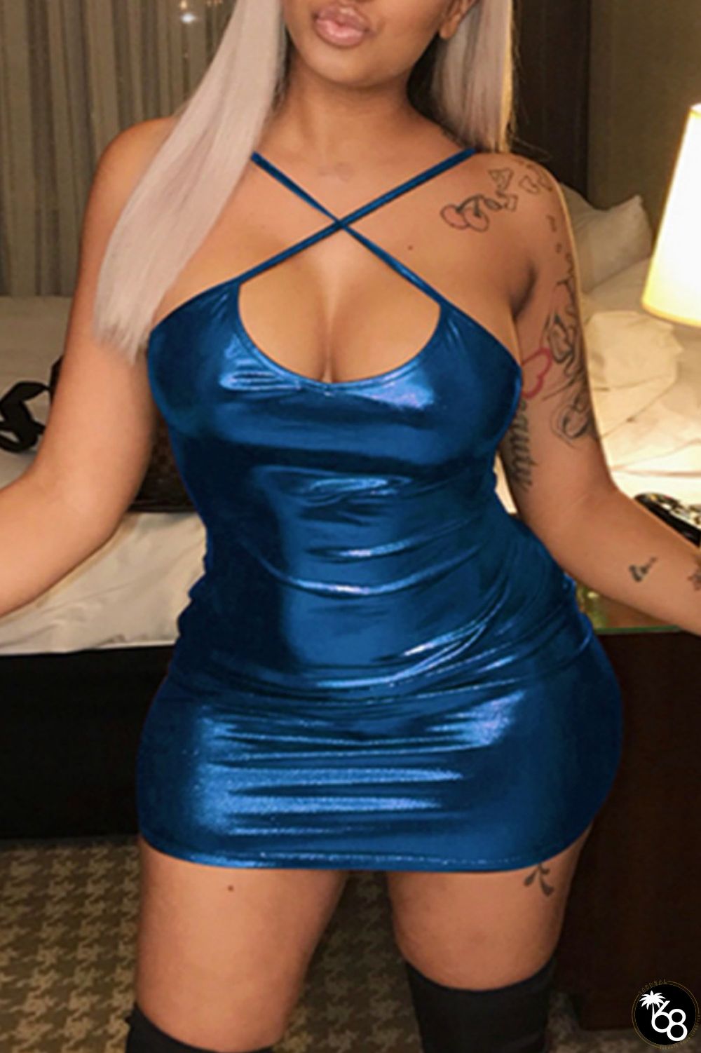 Blue Sexy Solid Backless Cross Straps Spaghetti Strap Sleeveless Dress Dresses | 168DEAL