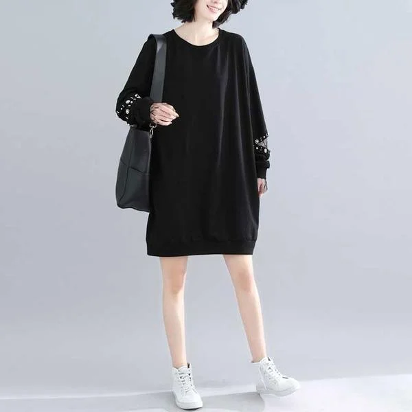 O-neck Solid Color Beading Loose Comfortable Female Dresses