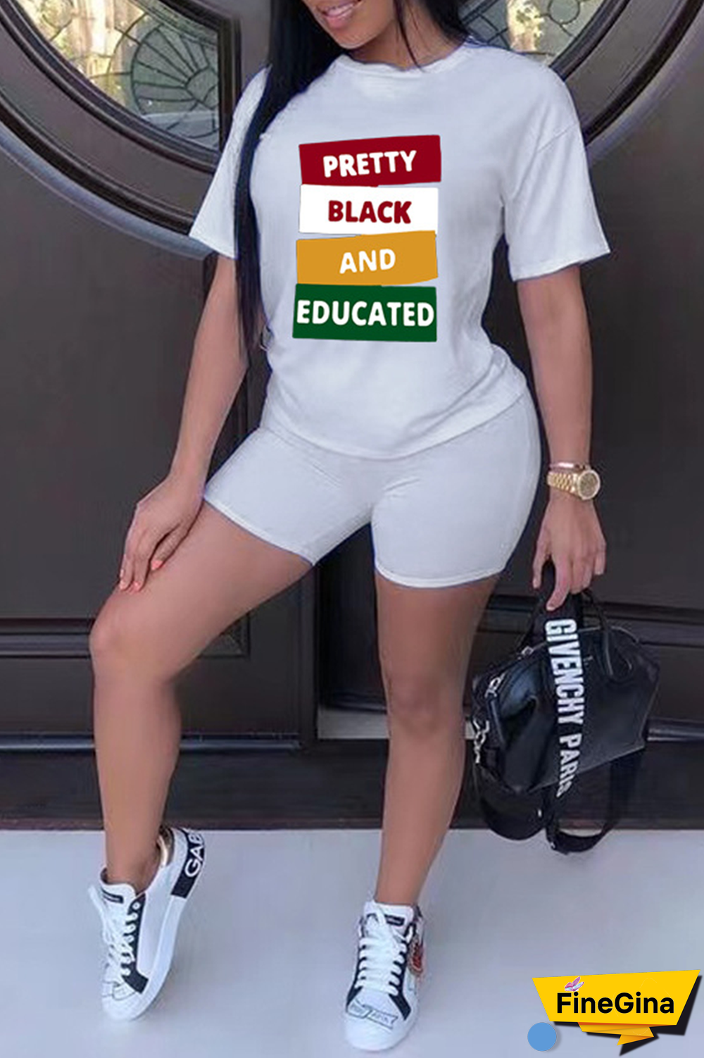 White Street Print Patchwork O Neck Short Sleeve Two Pieces