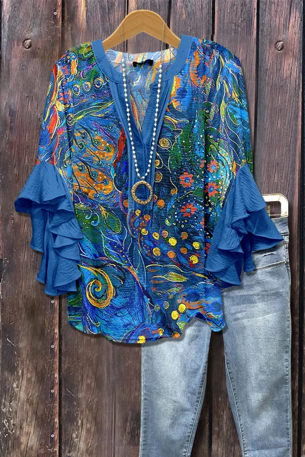 Colorful Abstract Print Ruffle Sleeve Top