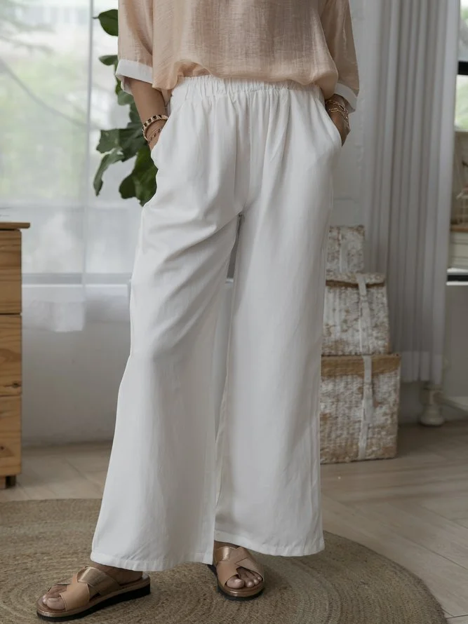 White Solid Shift Cotton Casual Pants