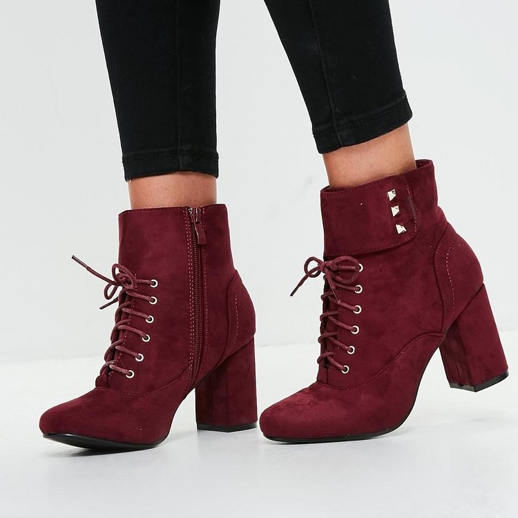 Burgundy Chunky Heel Boots Suede Almond Toe Lace up Ankle Booties |FSJ Shoes