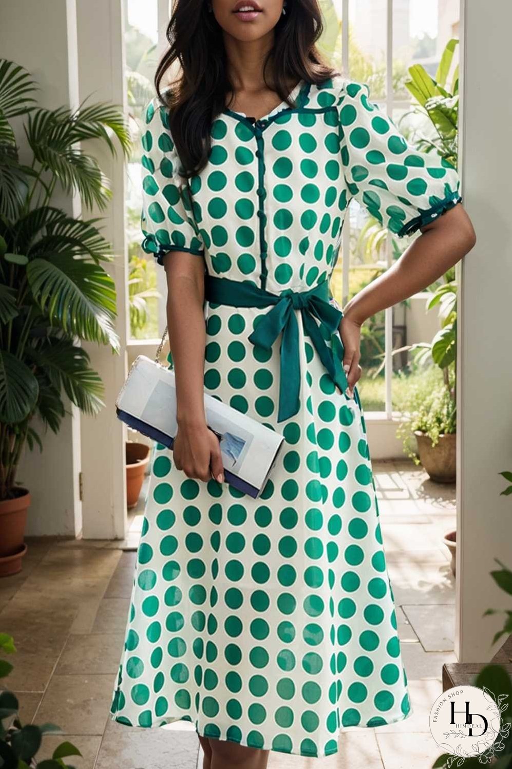 stylish printed high waist polka dot midi dress