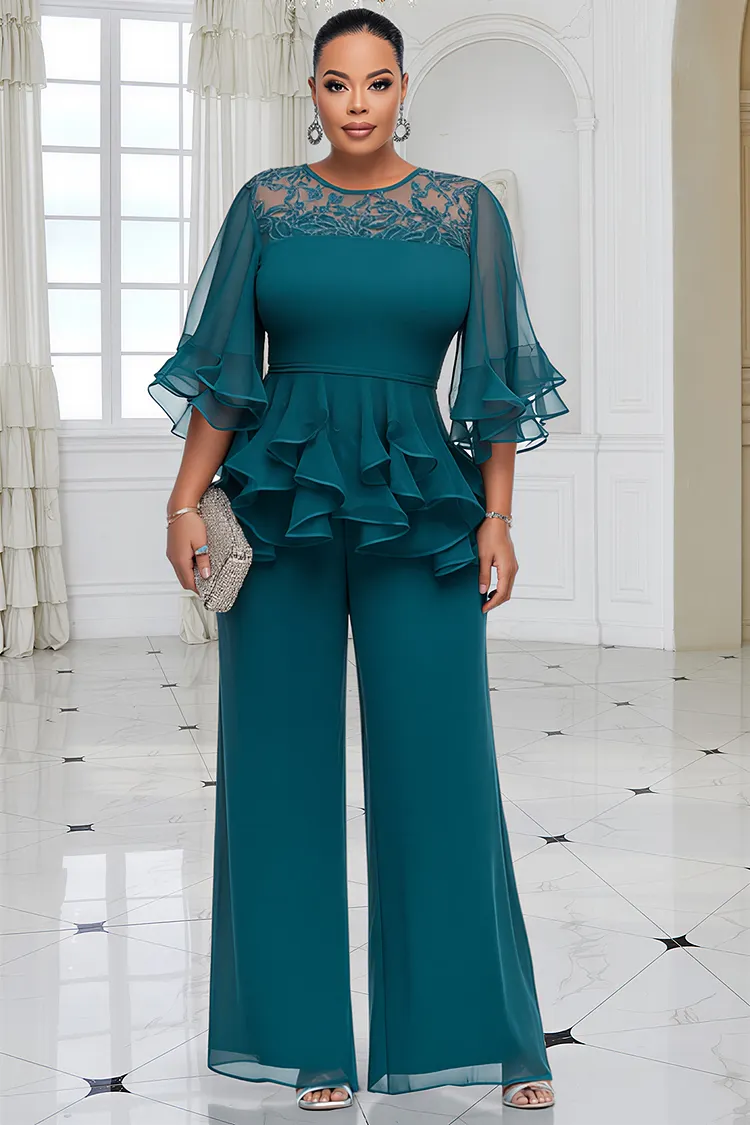 Xpluswear Design Plus Size Mother Of The Bride Lace Green Round Neck Flare Half Sleeve Ruffle Contrast Chiffon Two Piece Pant Sets [Pre-Order] 2024 - Xpluswear