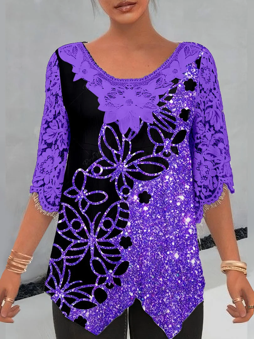 Women Asymmetrical Half Sleeve Scoop Neck Butterfly Printed Graphic Lace Tops