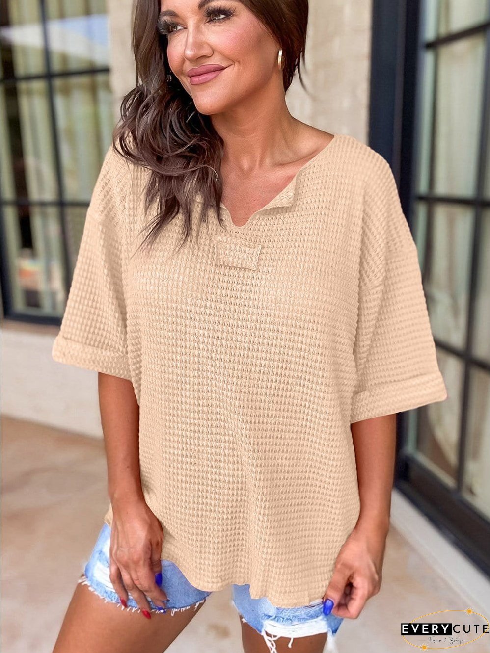 Parchment Waffle Knit V-Neck Casual Top with Split Neck