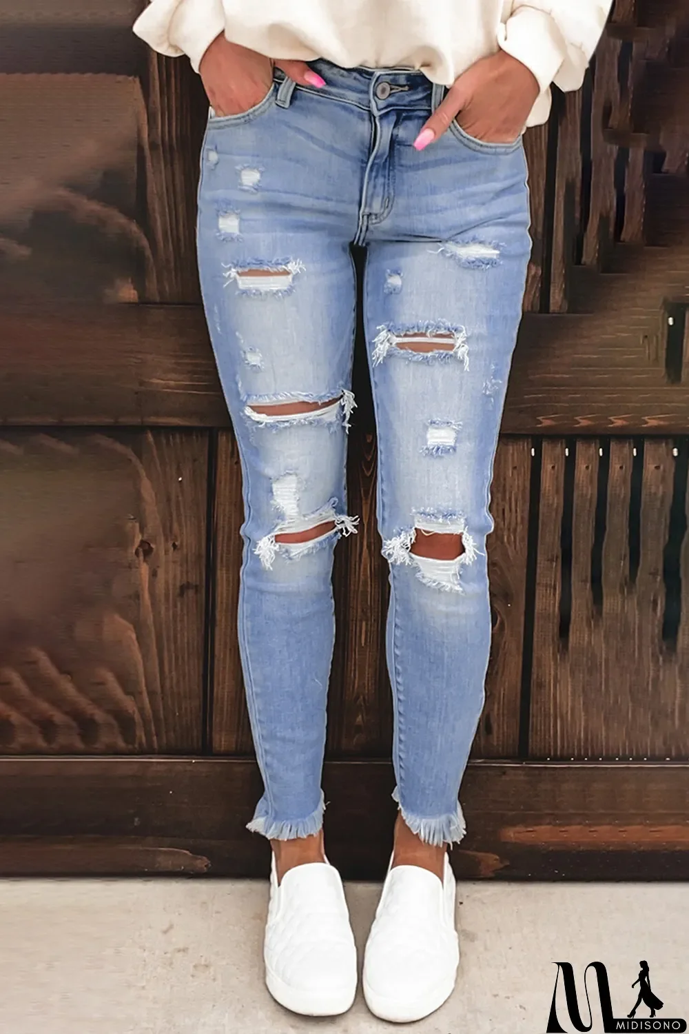 MidiSono - Blank Apparel - Light Blue Washed Ripped Jeans