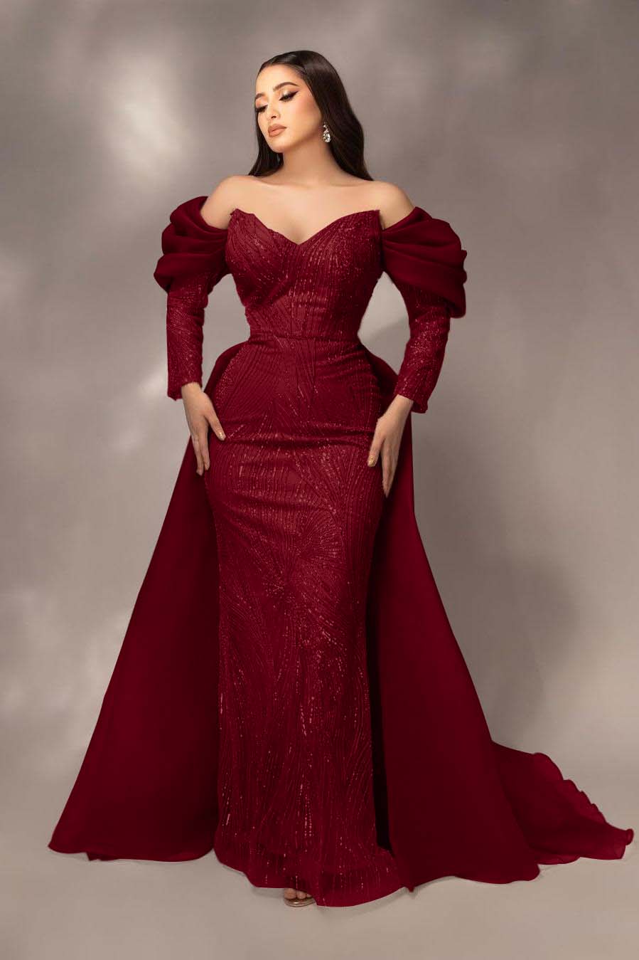 Daisda Glamorous Sequins Off the Shoulder Long Sleeves Mermaid Prom Dress with Pleated